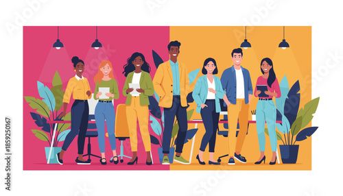 Multiethnic business team smiling confidently in a colorful office Diversity startup culture and cooperation