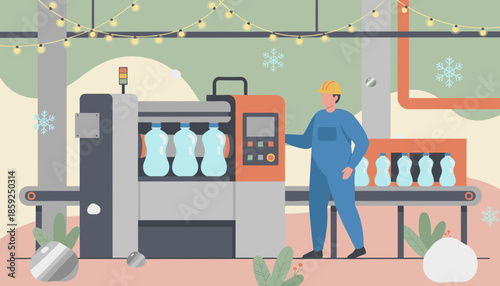 Industrial worker supervising automated bottling production line with water bottles and holiday decorations