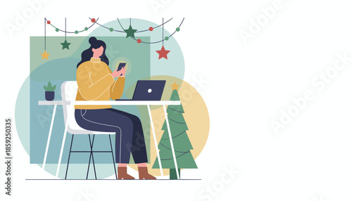 Woman using phone and laptop at her desk surrounded by festive Christmas decorations illustrating remote work or holiday shopping