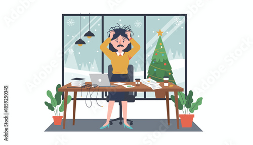 Stressed woman at office desk during snowy winter holidays Overwhelmed by work deadlines and corporate burnout