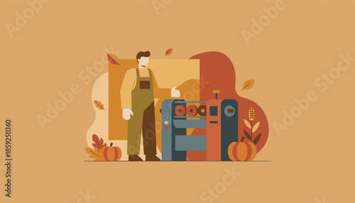 Autumn industry worker illustration managing production machine with pumpkins and harvest elements