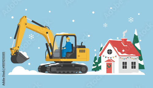Yellow excavator operated by a worker clears snow near a cozy decorated house in a winter landscape