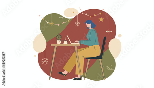 Remote worker using laptop in a cozy winter setting with holiday decorations coffee and a plant