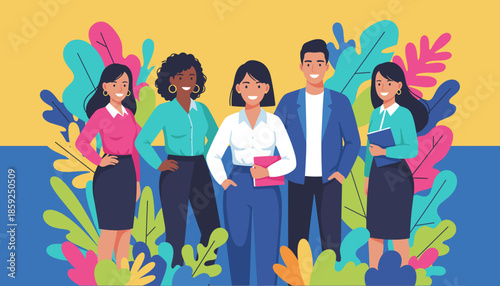 Diverse team of smiling professionals standing together against a vibrant abstract background Business teamwork and collaboration