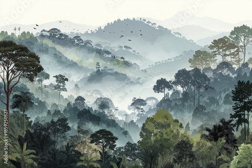 Wallpaper Mural Tropical rainforest landscape with layered vegetation and misty mountains in background, birds flying above, creating serene and peaceful natural scene Torontodigital.ca