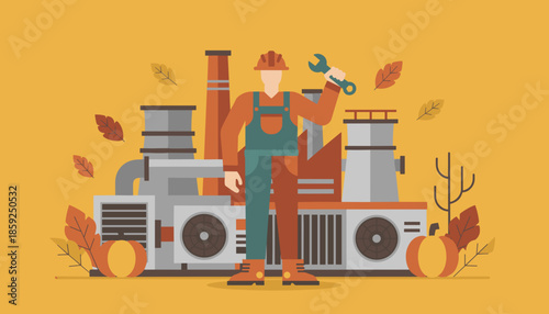 Industrial engineer in uniform holds a wrench before a factory emphasizing maintenance industry and autumn work