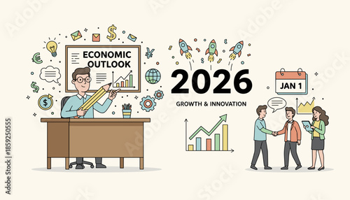 2026 Economic Outlook Growth innovation and strategic planning illustrated by business collaboration and financial charts