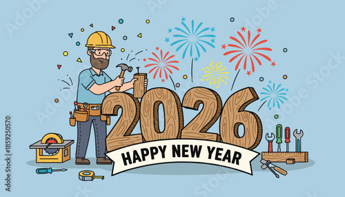 Skilled handyman building the 2026 New Year celebration using wood hammer and tools Future construction concept