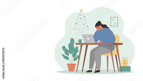 Tired woman working remotely on laptop during Christmas holidays illustrating holiday stress overworking and burnout