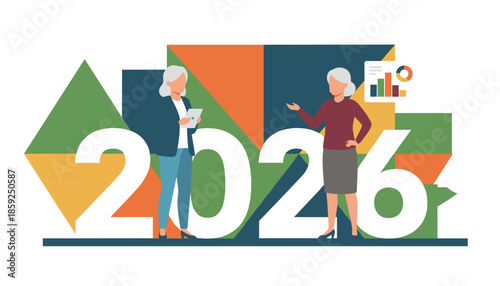 Senior businesswomen analyze 2026 growth projections and corporate strategy using data charts