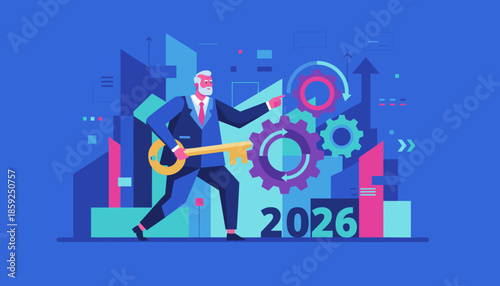 A confident businessman holds the key to success and strategy for the 2026 business year