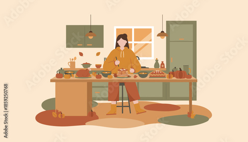 Woman cooks a festive fall feast in a modern kitchen surrounded by Thanksgiving turkey pie and pumpkins