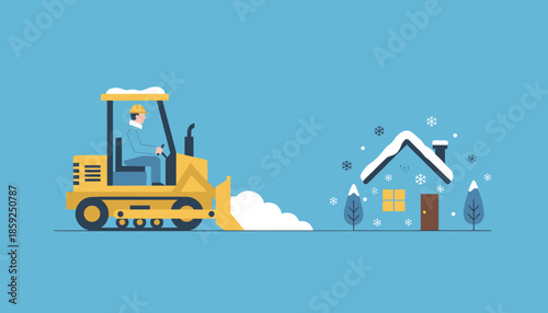 Worker operating a bulldozer to clear snow in front of a snowy house Winter maintenance and property service