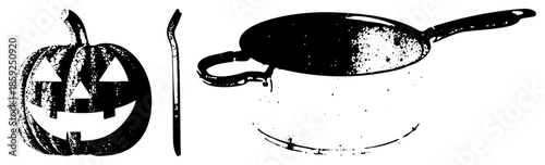 Halloween pumpkin jack o lantern, witchs broom, cauldron