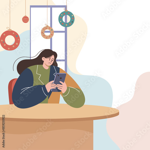 Distressed woman scrolling her phone indoors during holidays depicting loneliness and Christmas depression