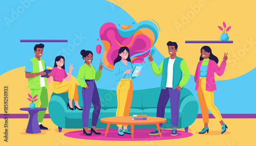 Diverse young people working casually in a vibrant abstract office space showing teamwork and positive energy