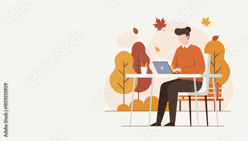 Freelancer working on a laptop outdoors in an autumnal park Remote work and fall season concept illustration