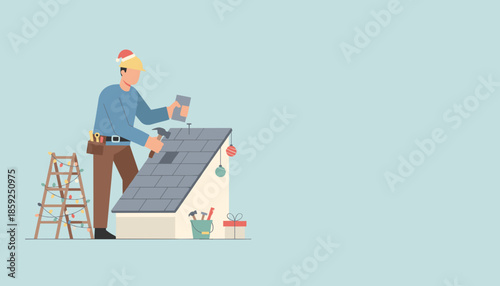 Festive contractor repairs a house roof illustrating home maintenance during the Christmas season