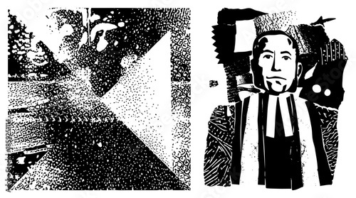 Two stylized black and white vector portraits with halftone texture