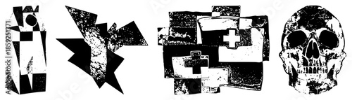 Abstract geometric shapes and skull in black and white