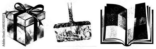 gift box broom book halftone