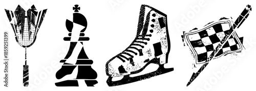 sports equipment and chess in black and white vector