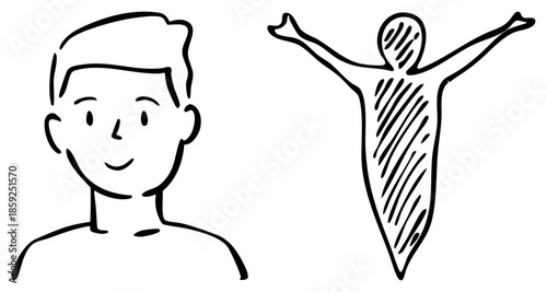 man smiling beside abstract figure with arms raised