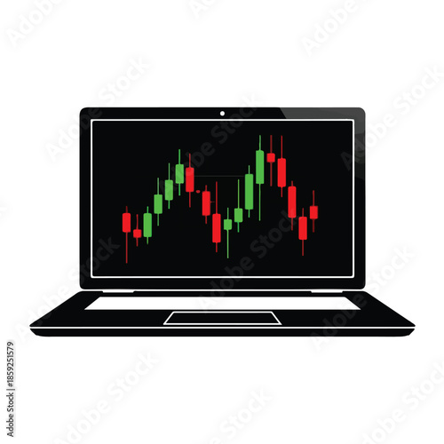 Laptop displaying a financial stock market candlestick chart on its screen