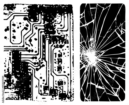 broken phone screen and circuit board vector
