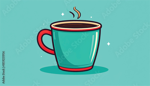 Illustration of a steaming cup of coffee with a red handle.