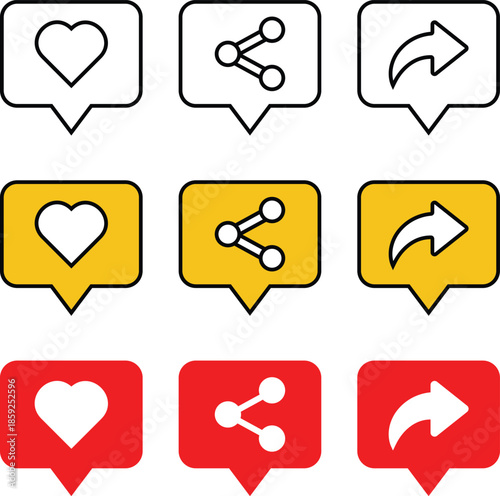 Social Media Notification Icons Set: Heart, Share and Repost Symbols