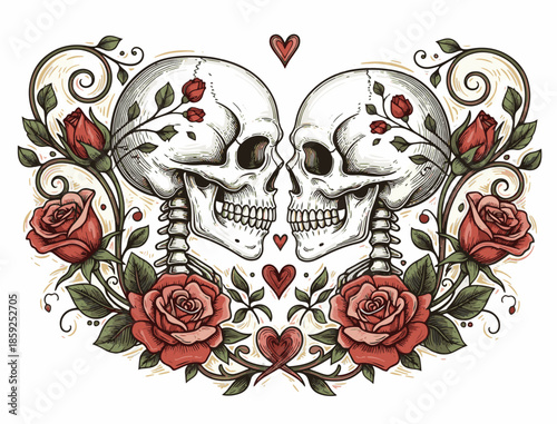 Happy Valentines Day, Assortment of love themed tattoo art designs with rose, skull, wings and heart symbols