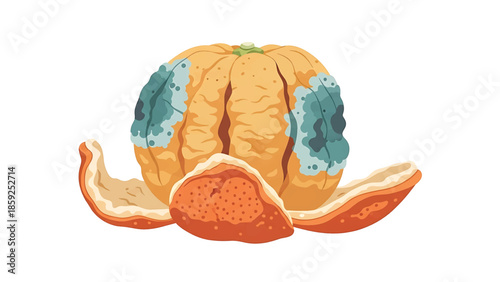 A cartoon illustration depicts a spoiled orange, with visible mold. The orange is partially peeled, highlighting the decay