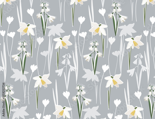 Elegant seamless pattern with white daffodils and snowdrops on grey background. Flat vector botanical texture for sophisticated fabric textile wrapping paper wallpaper home decor and stationery.