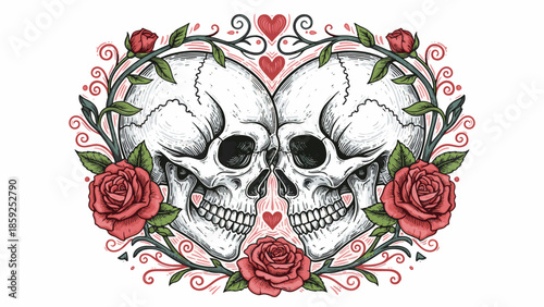 Skeleton and skull Valentine, Cute Doodle Cartoon Line Art Vector Clipart lino cut engraving illustration
