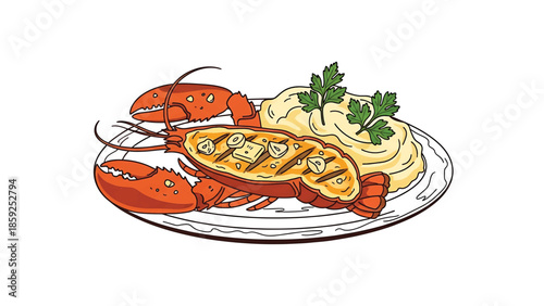 A cartoon illustration depicts a plate of gourmet food. There's a grilled lobster tail, garlic, butter, and mashed potatoes. It has parsley garnish