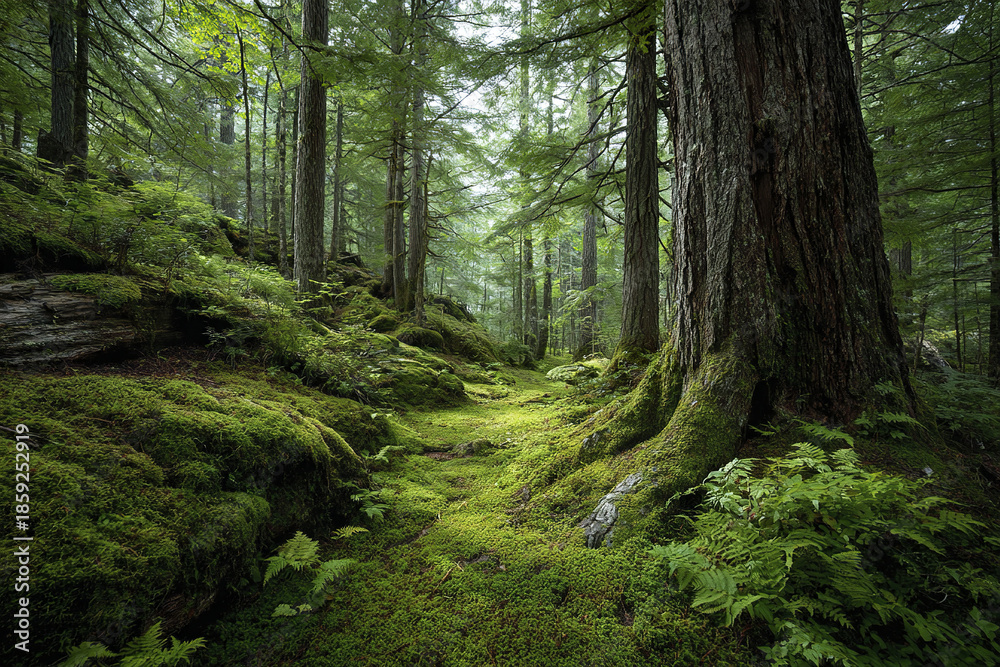 Obraz premium Lush forest interior with moss covered ground and tree trunks, soft green ferns, and peaceful natural atmosphere under diffused light