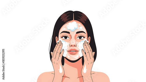A cartoon illustration depicts a person applying foam to their face, showcasing skincare routine practices in a health or beauty context