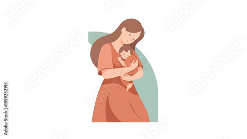 A cartoon illustration depicts a mother holding her baby close. Both are wearing clothes. The baby is sleeping peacefully. They are in front of an abstract background