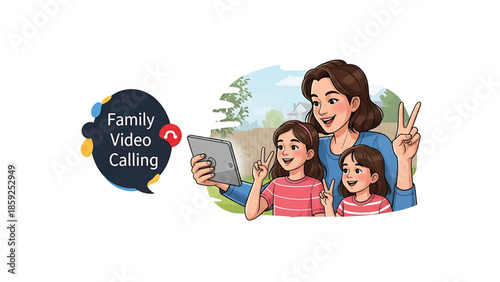 A cartoon illustration depicts a mother and two daughters engaged in a video call, waving with peace signs. The call is indicated by a speech bubble