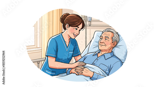 A cartoon illustration depicts a medical professional attending to an elderly patient in a hospital bed, exuding a sense of care and compassion