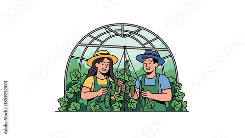 A cartoon illustration depicts a man and a woman in hats inside a greenhouse harvesting vegetables. They're holding cucumbers
