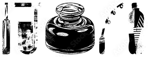 inkwell and writing tools vintage vector set