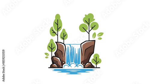 A cartoon illustration shows a waterfall cascading between rock formations, lush trees surround the scene, reflecting tranquility. The water flows into a pool