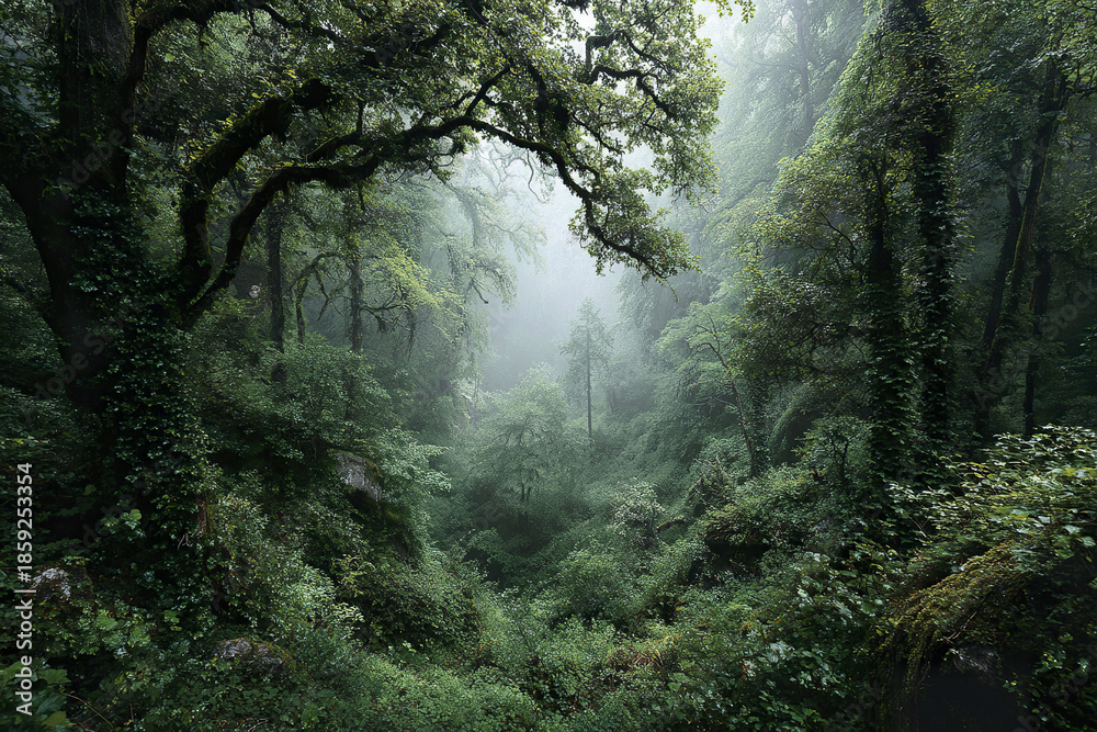 Fototapeta premium Lush green forest with dense foliage and low hanging mist creating calm and mysterious atmosphere under soft sunlight filtering through tall trees