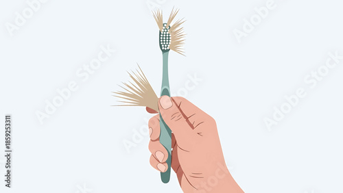 A cartoon illustration depicts a hand holding a well-used toothbrush, its bristles frayed and worn. The background is a clean, bright white