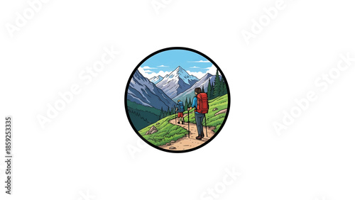 A cartoon illustration shows two hikers ascending a mountain trail within a circular frame. A vista of peaks, clouds, & trees surrounds them