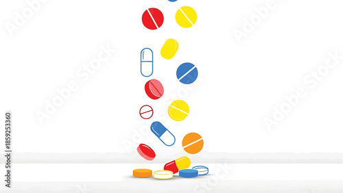 A cartoon illustration shows various colorful pills and capsules falling towards a white surface. The pills have varying shapes and colors, suggesting pharmaceuticals