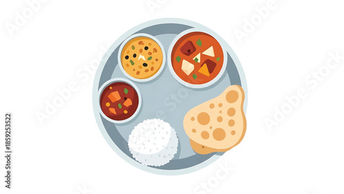 A cartoon image depicting an Indian meal on a circular plate. The meal features various bowls, rice, and flatbread