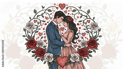 Romantic valentine couple illustration, vintage handrawn and engraving colorful style
